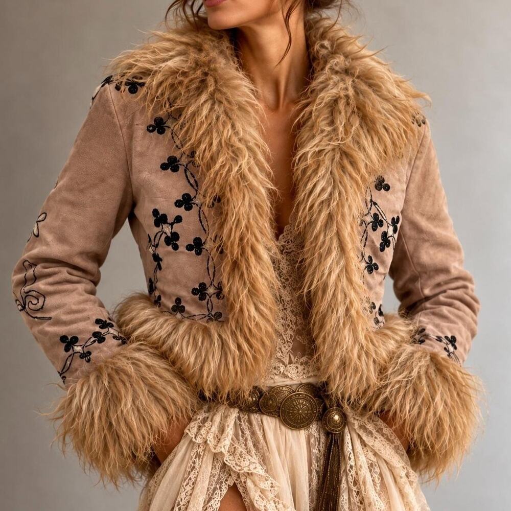 Vintage 70s Embroidered Genuine Shearling & Suede Penny Lane Afghan Jacket XS/S